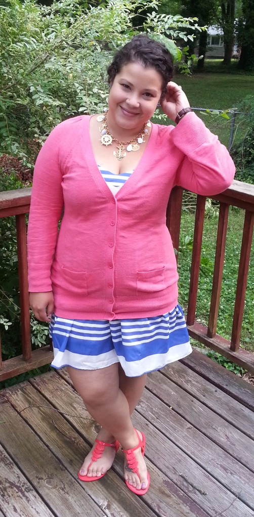 More Nautical - striped dress + salmon cardigan + mel for forever21 sandals + nautical charm necklace