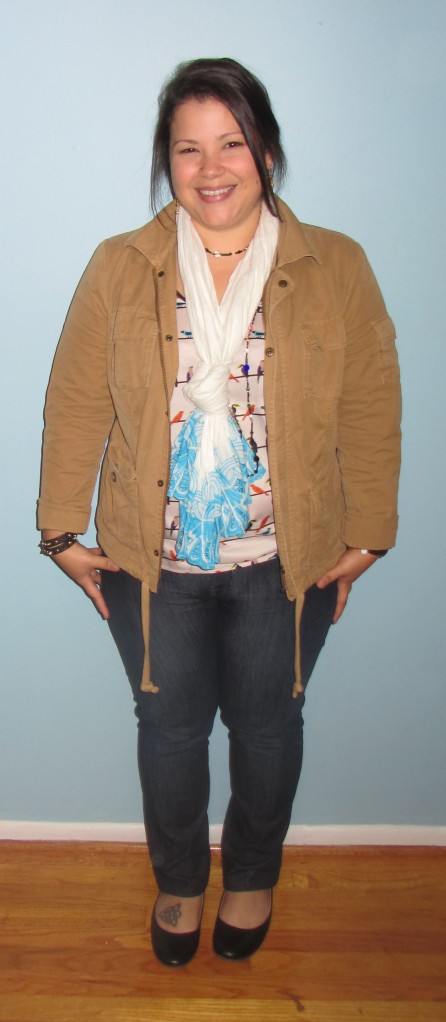Lands End canvas cargo jacket \\ old navy cotton scarf \\ the limited birds on a wire tank \\ david kahn skinny jeans \\ lands end flats \\ thrifted necklace