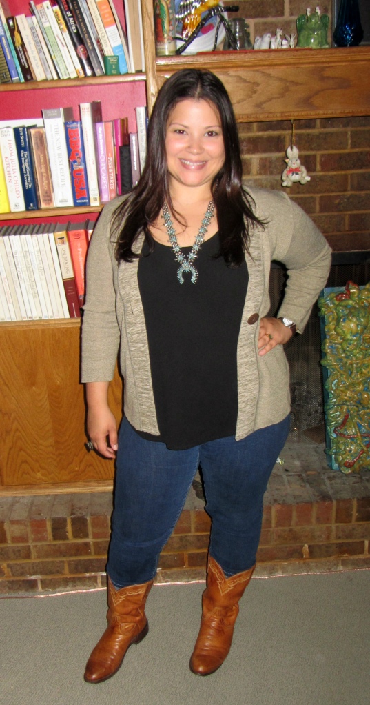 western inspired: cowboy boots, gap skinnies, eileen fisher tank top, zuni turquoise necklace, classiques entier cardigan