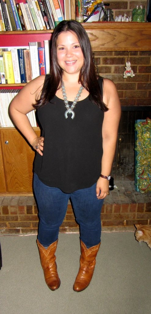western inspired: cowboy boots, gap skinnies, eileen fisher tank top, zuni turquoise necklace