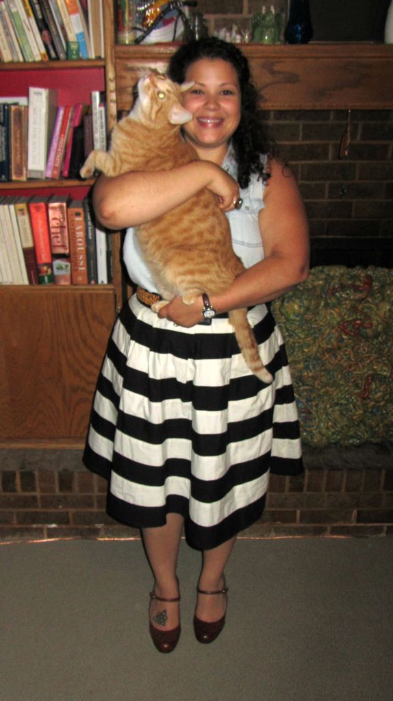 stripes & chambray - eshakti striped contrast colorblock pleated skirt, sleeveless chambray shirt, black cardigan, pumps 