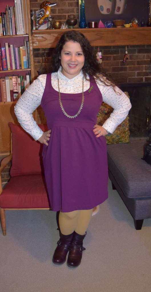 Cynthia Rowly dress, Halogen polka dot button down, HUE mustard tights