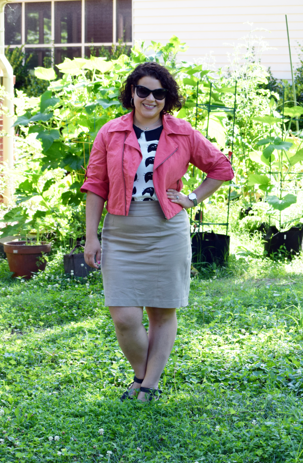 coral cabi jacket, banana republic factory khaki pencil skirt, arche sandals, peter pan collar cat shirt